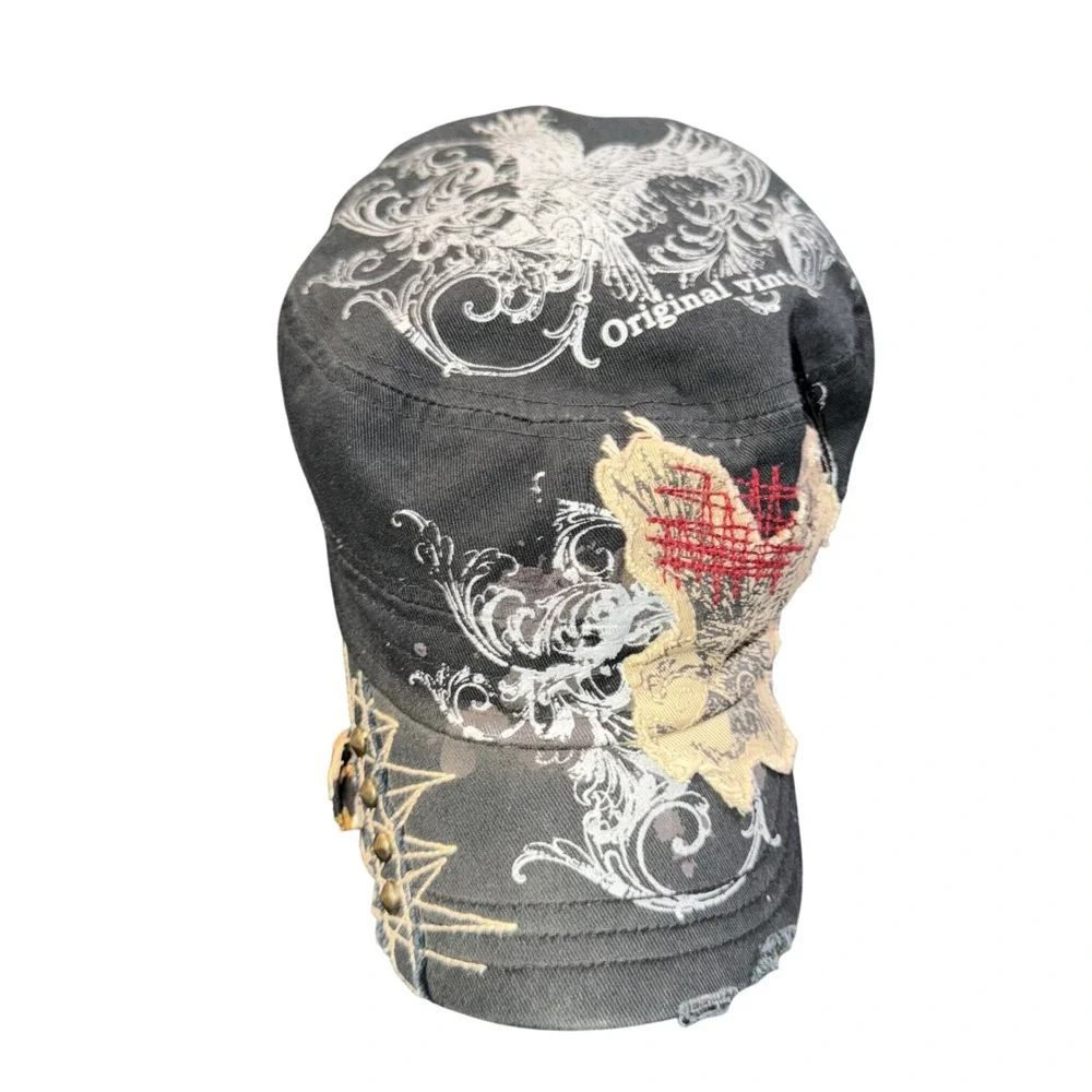 Original Vintage Cadet Cap Black Distressed Eagle Graphic Studded Military Hat